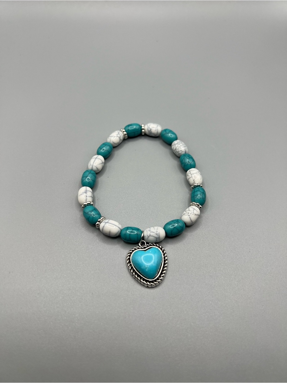 Turquoise & White Heart Pendant Beaded Bracelet - Handmade #B0354T